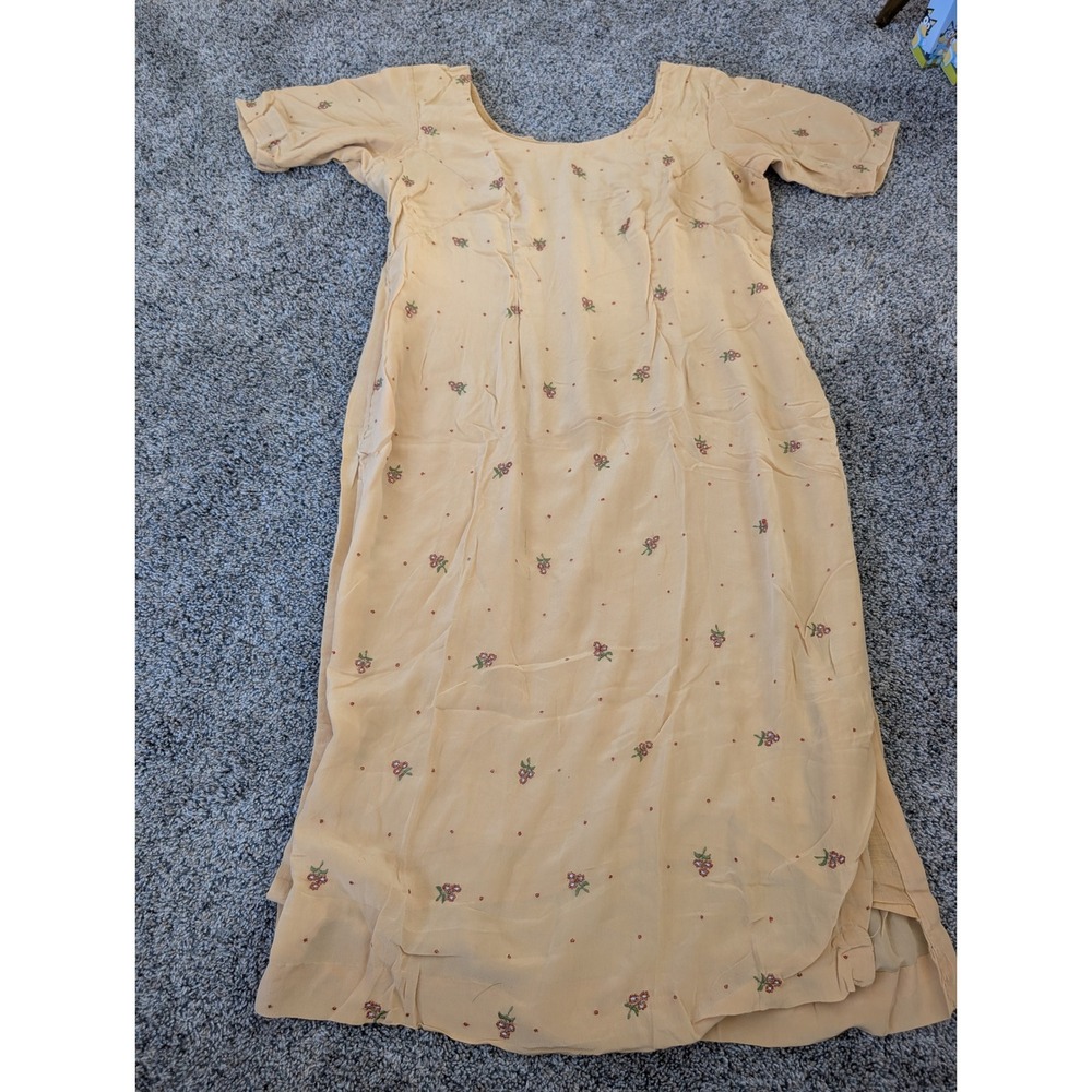 Vintage Yellow Embroidered Floral Polka Dot Scoop Neck Midi Dress Short Sleeve